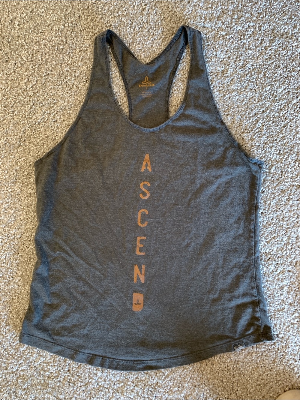Prana Charcoal Racerback Tank with Rust Lettering